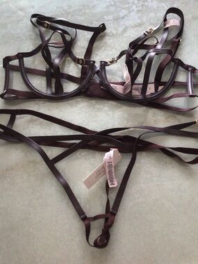 Victoria's Secret dark brown strappy harness bra and thong set
